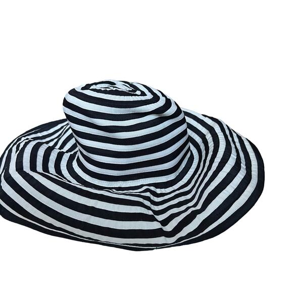 San Francisco Ribbon Bon Bon Sun Hat Cream Black Striped Wide Brim - Picture 3 of 7